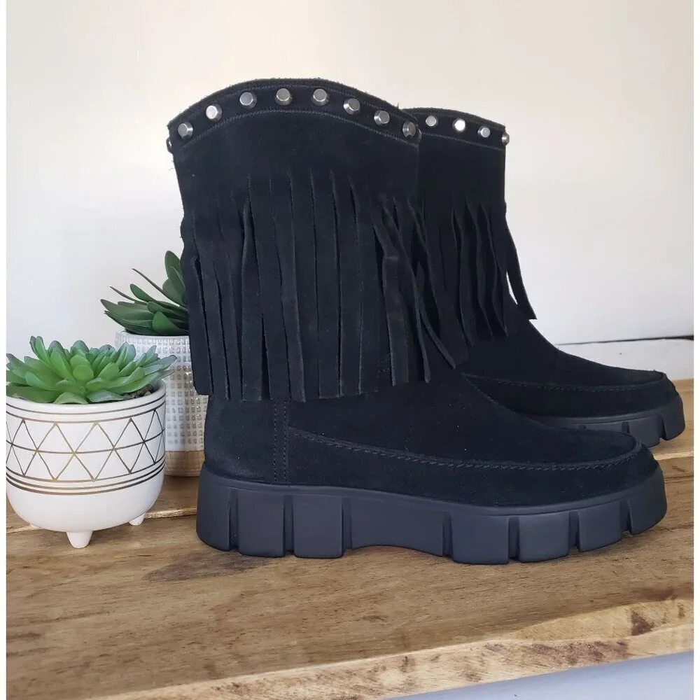 NWT Geox Ghoula Suede Fringe Studded Mid-Calf Chunky Lug Sole Winter Boots Sz 8